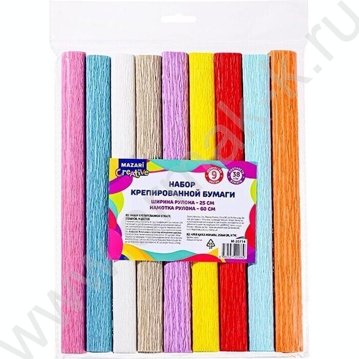 Бумага креповая 25*60см Интенсив 9 цв./рулонов 38г/м2 коэф.растяжения 78%,, ОПП-упаковка | Фото 1