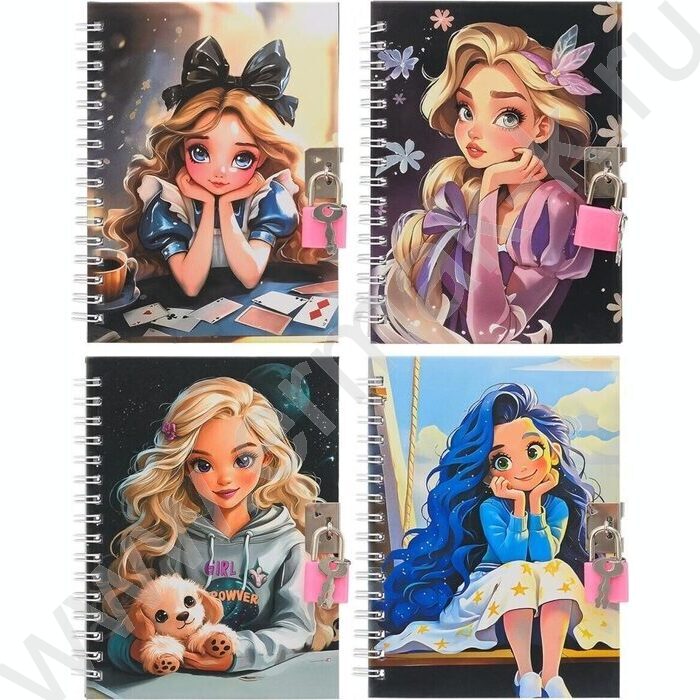 Блокнот  48л 15*11см "Девочка" спираль,цветная тв.обл. /ассорти/,блок-клетка.+замочек NEW | Фото 1