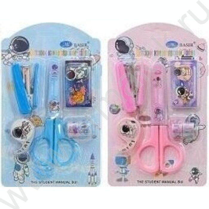 Набор канцелярский детский Космос ножницы+степлер+скобы+диспенсер+2 скотча, яркая упаковка-блист NEW | Фото 1