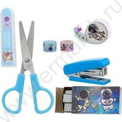 Набор канцелярский детский Космос ножницы+степлер+скобы+диспенсер+2 скотча, яркая упаковка-блист NEW | Фото 2