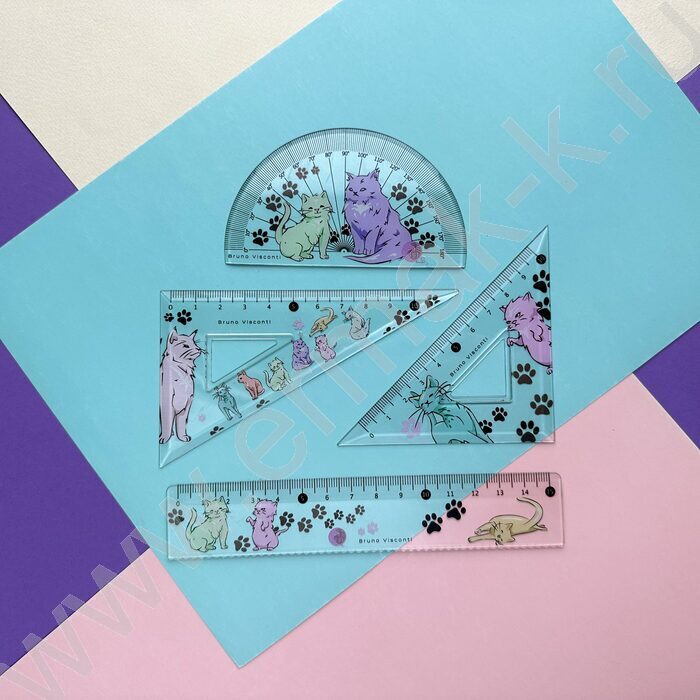 Геометрический набор 4предм HappyGraphix. Котики /транспортир,линейка,два треугольника NEW | Фото 3