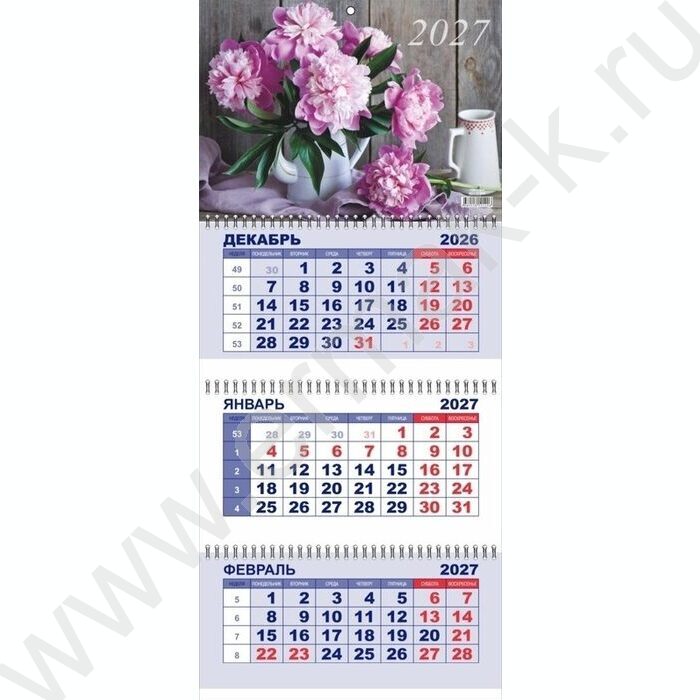 Календарь квартальный на 3-х гребнях/3месяца/ 2027г "Пионы" | Фото 2