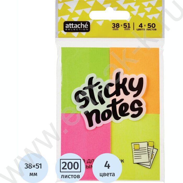 Бумага д/записей   38*51мм /50л, 75г/м², неон 4цв с липким краем/набор 4шт/ | Фото 2