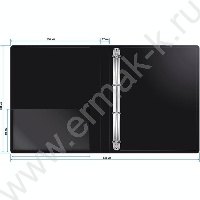 Папка 4 кольца 27мм черная 0,7мм карман внутренний и торцевой | Фото 4