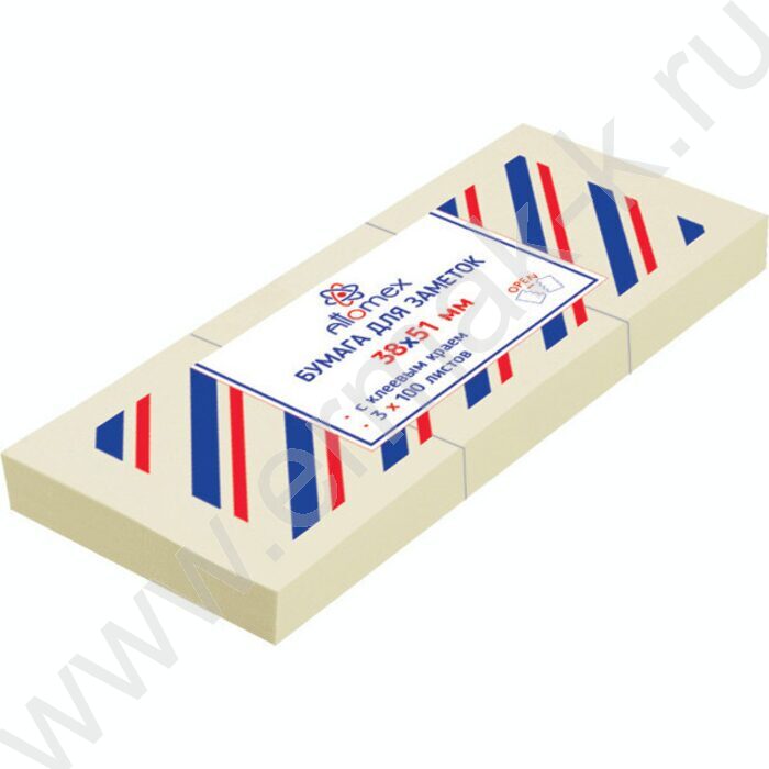 Бумага д/записей   38*51мм /100л жёлтая с липким краем (упакованы по3шт, цена за упаковку) | Фото 1