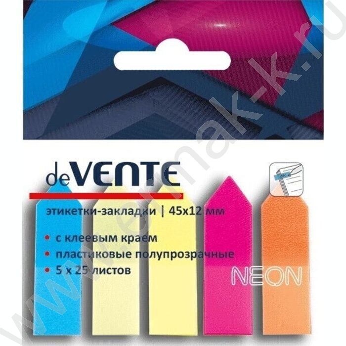 Набор самокл. этикеток-закладок 12*45мм /25л*5цв неон пластик полупр.в форме стрелки пл.блистер | Фото 1
