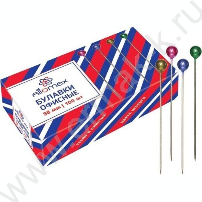 Булавки офисные  38мм/100шт с пластиковой цв.шляпкой | Фото 1
