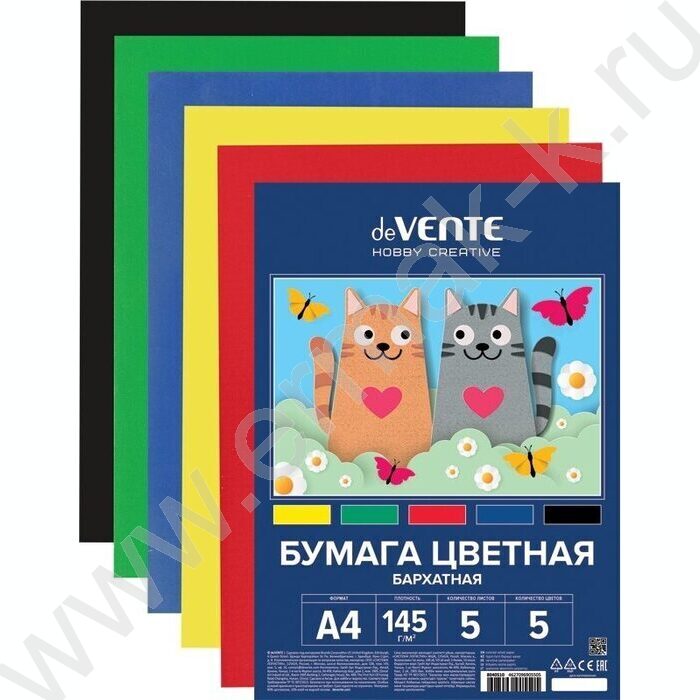 Бумага бархатная А4  5л/5цв европодвес | Фото 1