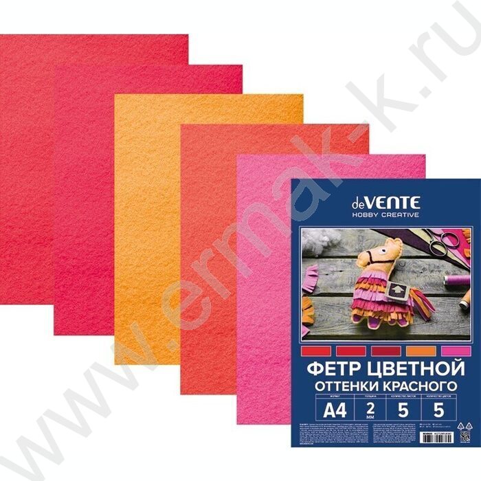 Фетр А4 Оттенки красного 2мм  5цв/5л /мягкий /пл.пакет с европодвесом | Фото 1