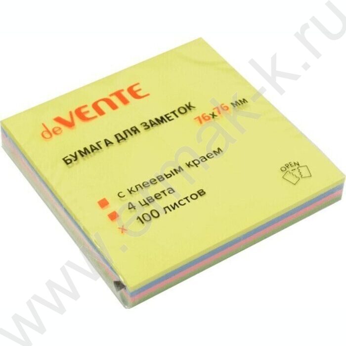 Бумага д/записей  76*76мм /100л, 75г/м², неон. 4цв с липким краем | Фото 1